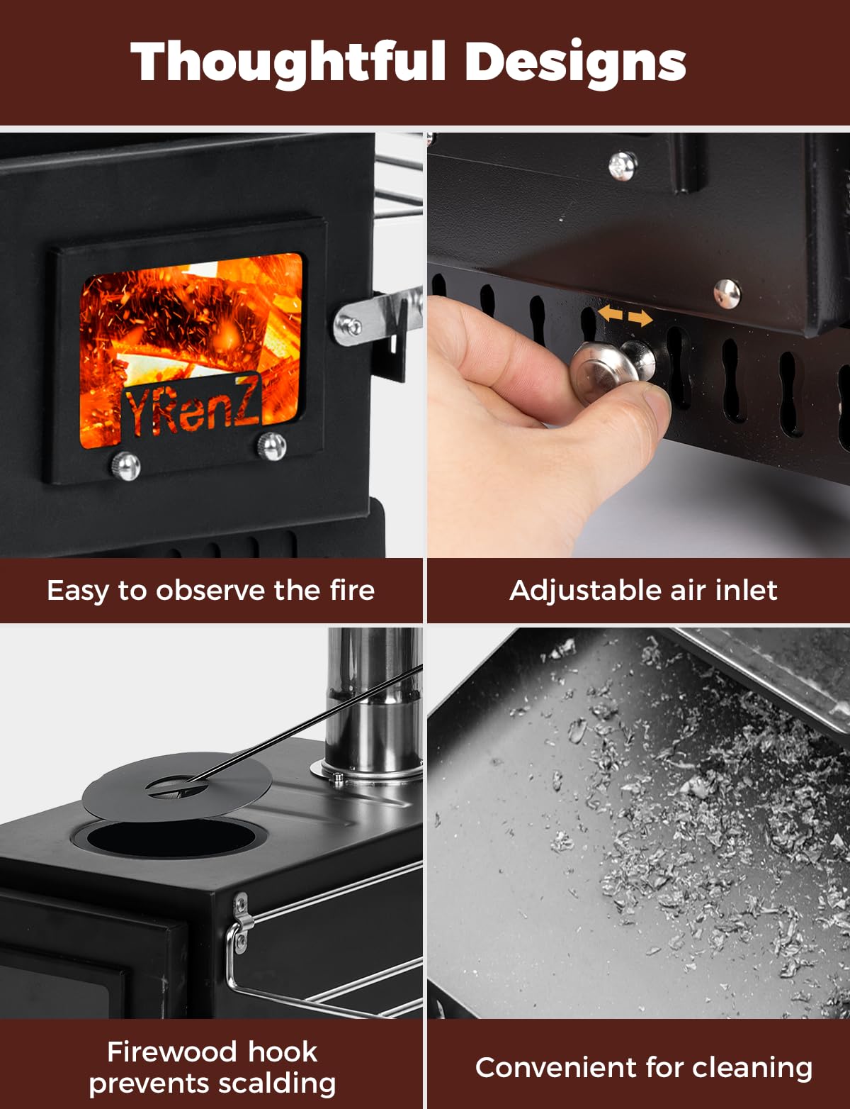 YRenZ Upgraded Hot Tent Stove – High-Temperature Wood Burning with 7-Section Roll-Edge Chimney, Reinforced Door Frame, Airtight Body & Tempered Glass – Portable for Camping, Ice Fishing, Hunting