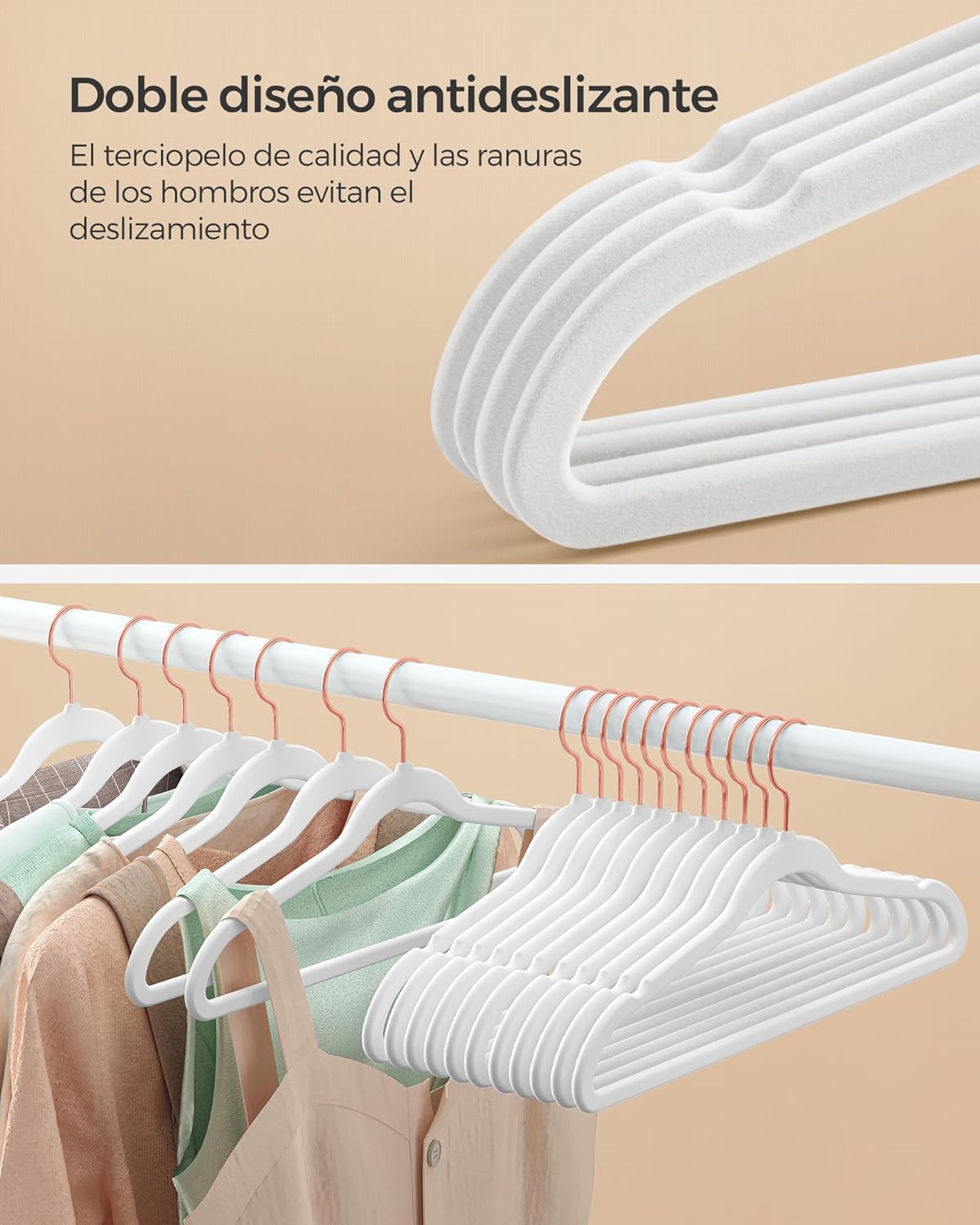 SONGMICS Slim Velvet Hangers - Non-Slip Clothes Hangers with Rose Gold Hooks | Space-Saving, 50 Pack, White