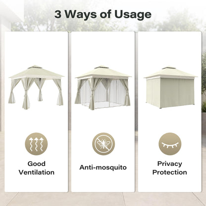 EO Living 10' x 10' Outdoor Patio Gazebo, Heavy-Duty Galvanized Steel Frame with Double-Tier Roof, Mosquito Netting & Privacy Curtains for Backyard, Patio & Lawn, Cream White