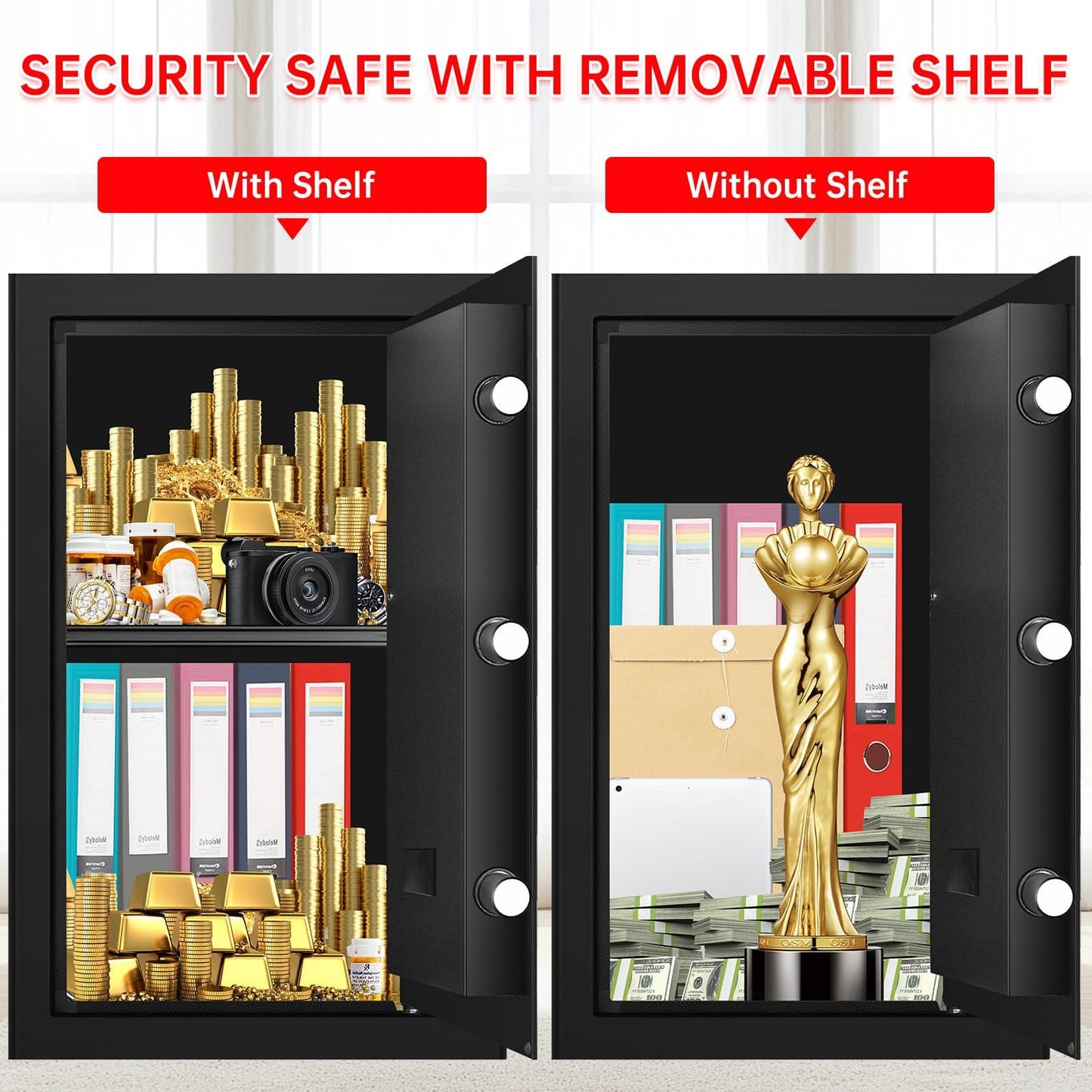 3.4 Cuft Large Home Safes Water and Fireproof, Personal Safe Box Fireproof Waterproof with Digital Keypad, Removable Shelves and Alarm System, Anti-theft Fire Proof Safe for Home Documents