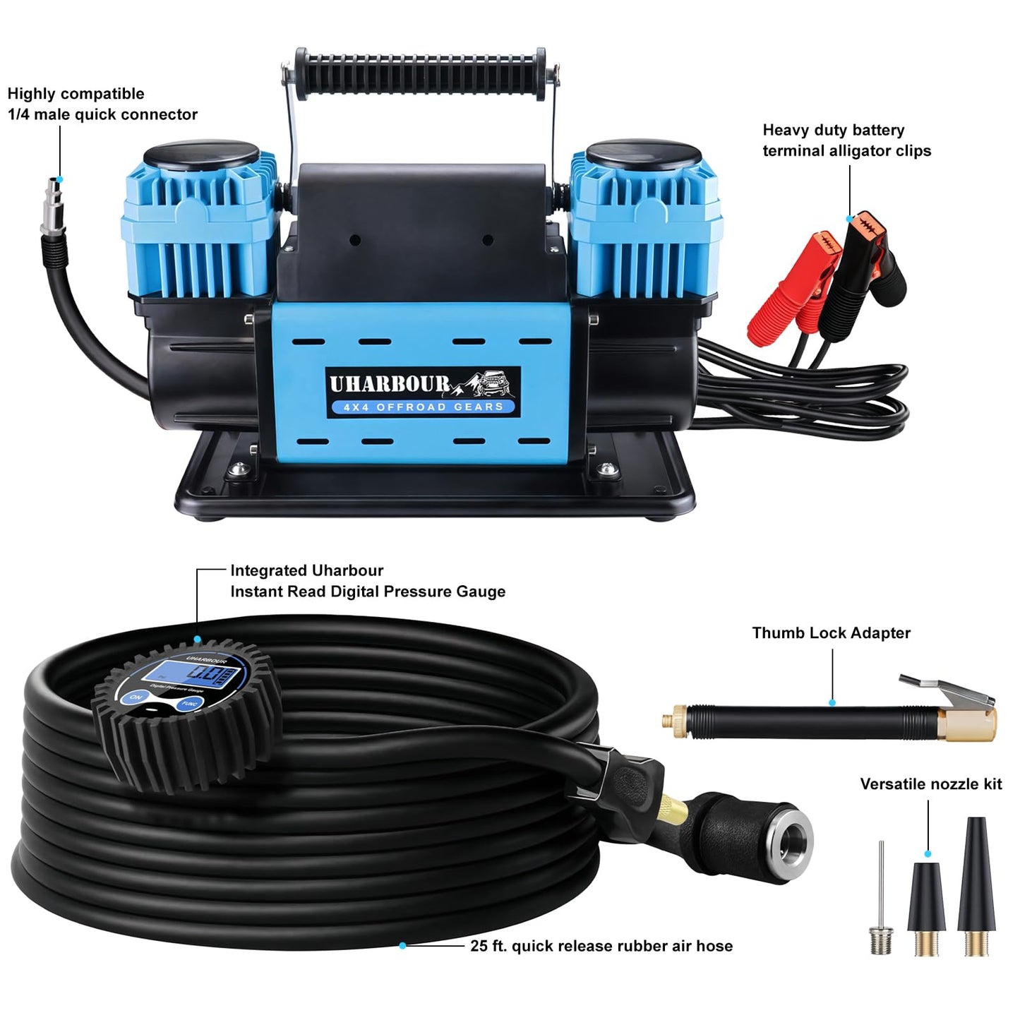 Uharbour 12V Offroad Air Compressor 10.6 CFM with Pressure Gauge, 12 Volt Offroad Air Compressor Dual Cylinder Heavy Duty for 4x4 Truck Car SUV with Carrying Bag