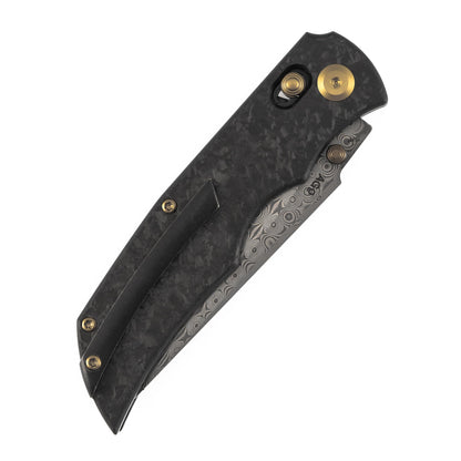 KANSEPT SIF Pocket Knife, 3.76" Damascus Blade with Gold Thumb Stud, Manual Opening Folding Men Women EDC, Shred Carbon Fiber Handle, Clip for Outdoor Camping Hiking K1100V4