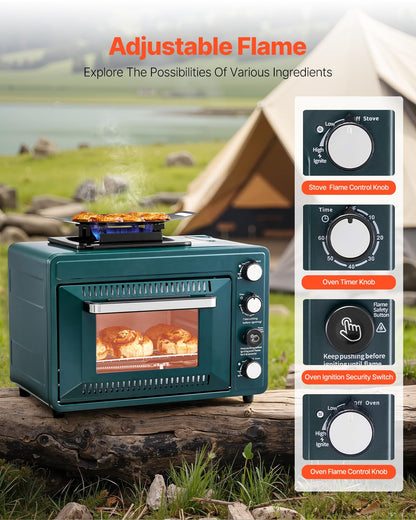 VEVOR Outdoor Camping Oven, 2-in-1 Portable Gas Camping Stove Oven Combo, Adjustable Fire, 60-Minute Timer, Windproof, for Camping Backyard Picnic Outdoor Cooking, Universal Butane Canister Compatible