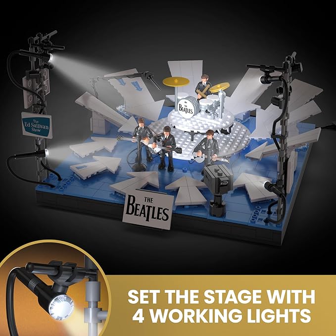 MEGA The Beatles Building Set with 681 Pieces 4 Poseable Action Figures and Ed Sullivan Stage with LED Lights for Adult Collectors