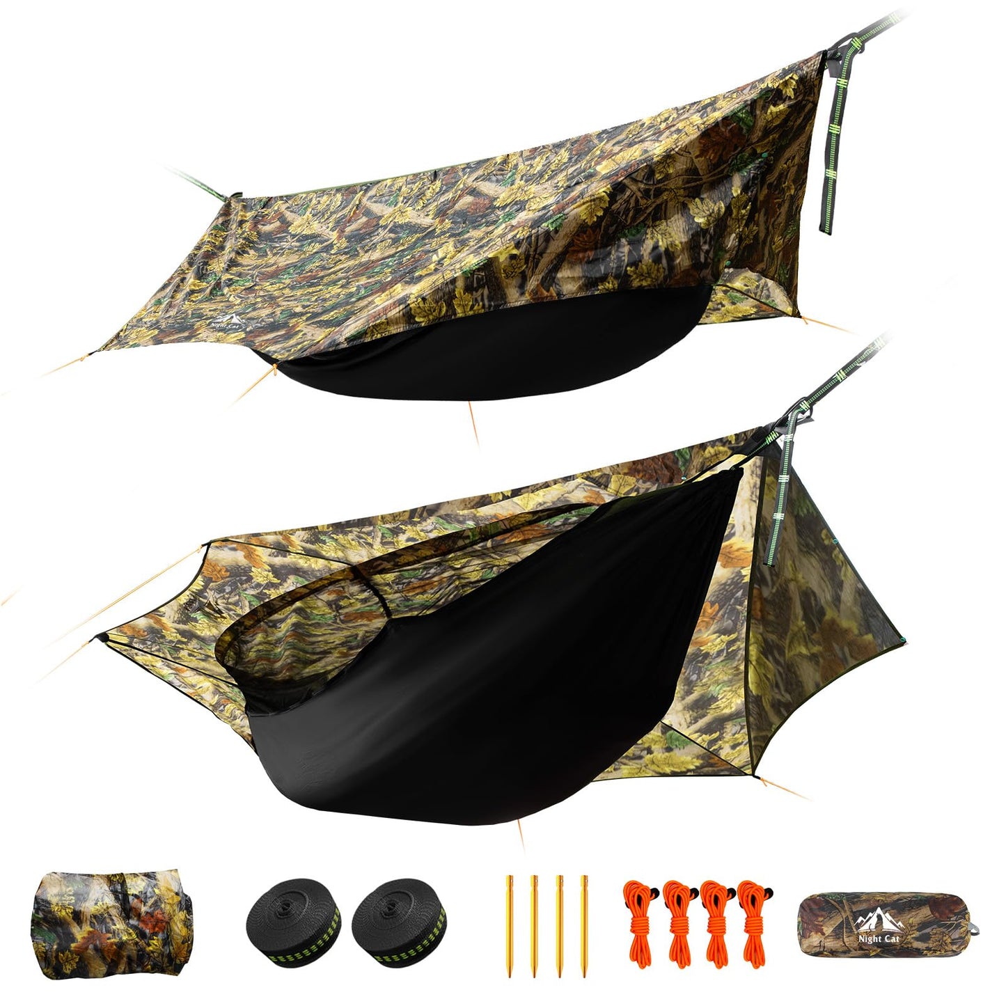 Night Cat Camping Hammock Tent: Lightweight Portable 4 in 1 Hammock with Rain Tarp and Mosquito Net for Adults Hiking Jungle Outdoor Camouflage
