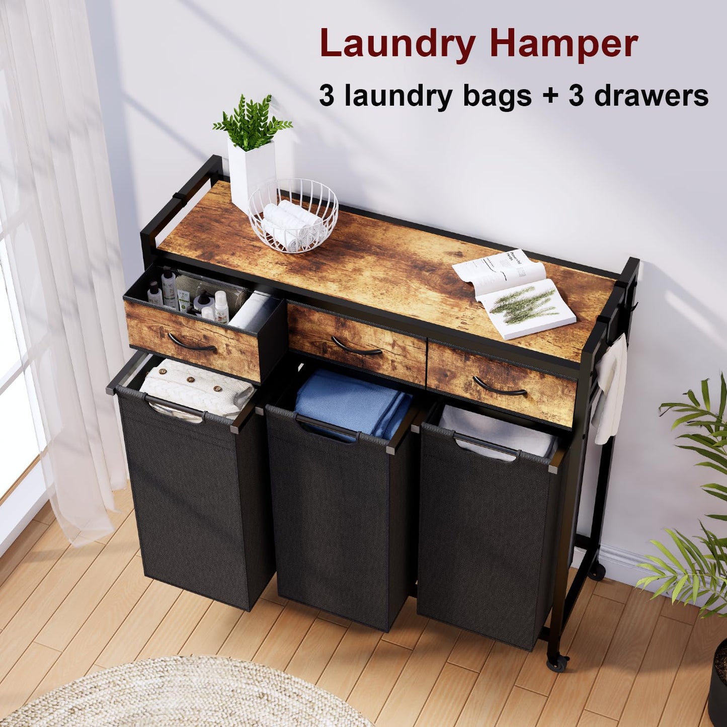 Timberer Laundry Hamper, Laundry Sorter 3 Section, Rolling Laundry Basket with Wheels, 3 Drawers, 3 × 14.5 Gal (55 L), Pull-Out and Removable Oxford Fabric Bags, Black and Rustic Brown