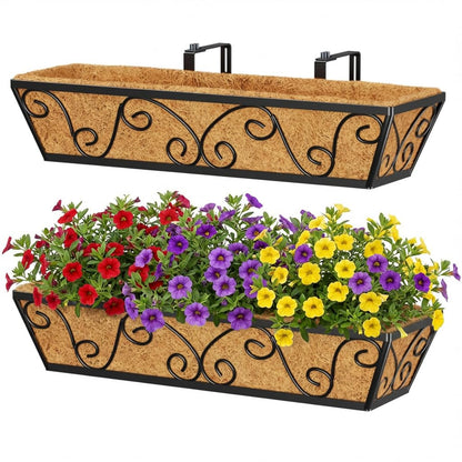 Y&M 24 Inch Window Deck with Coco Liner, Fence Metal Hanging Flower Planter Window Basket Deck Railing Planter Boxes for Outdoor Garden Lawn-Butterfly,2pcs