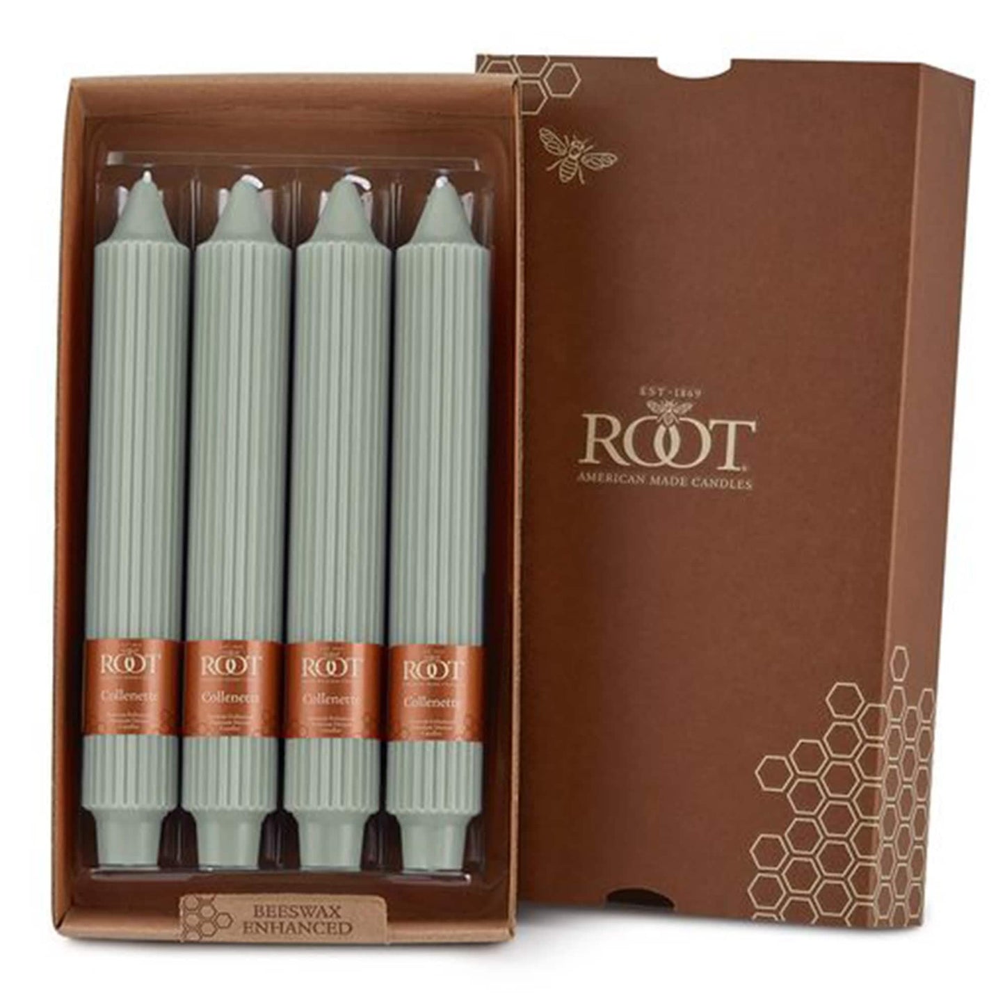 Root Candles 4-Count Unscented Dinner Candles Dripless Beeswax Enhanced Timberline™ Collenette Boxed Candle Set, 9-Inch, Sage Green