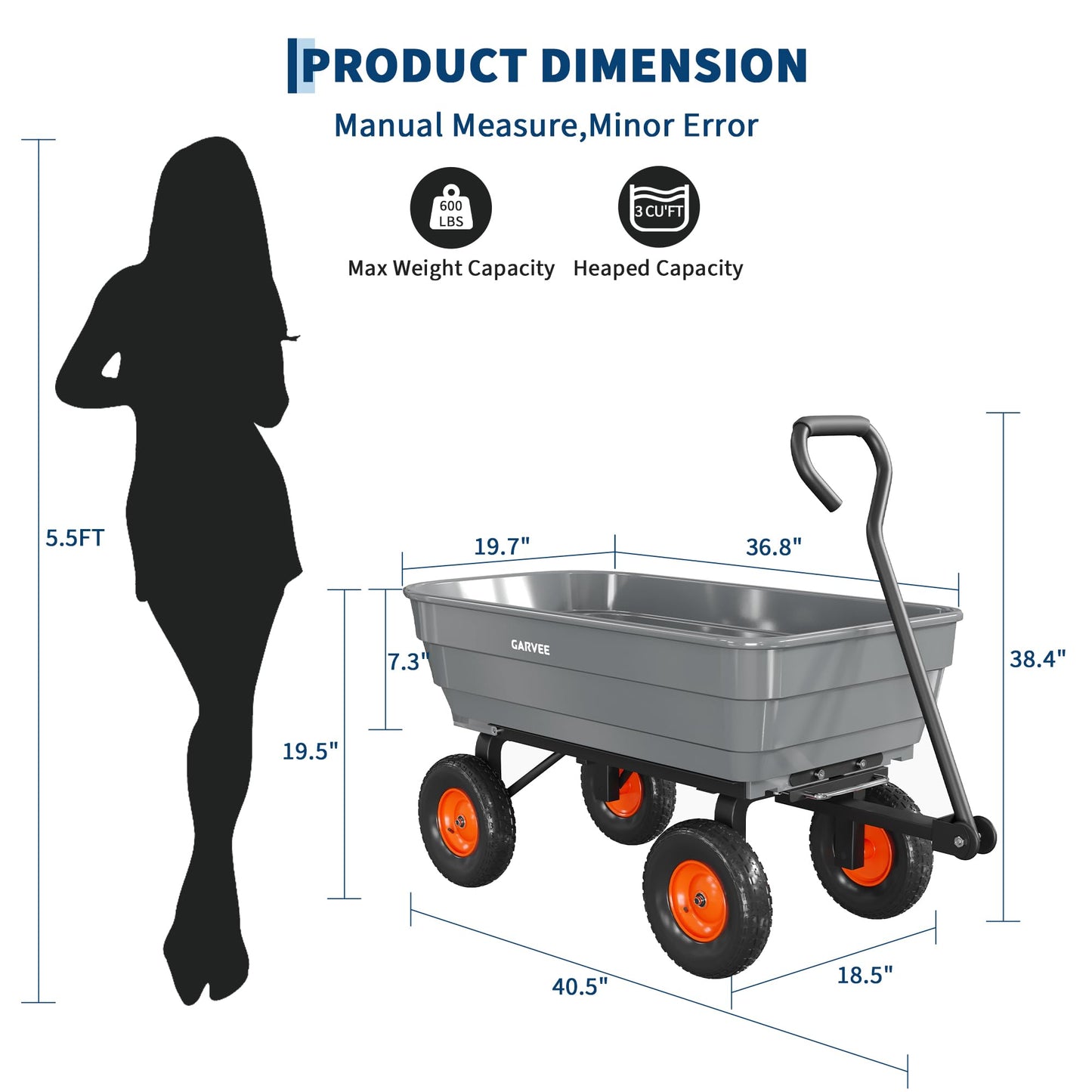 GarveeLife Poly Garden Dump Cart, 600 lb Wheelbarrow Yard Cart with 10 in Wheels, Quick-Dump & Towable Utility Wagon for Yard, Soil, Rocks（Gray）
