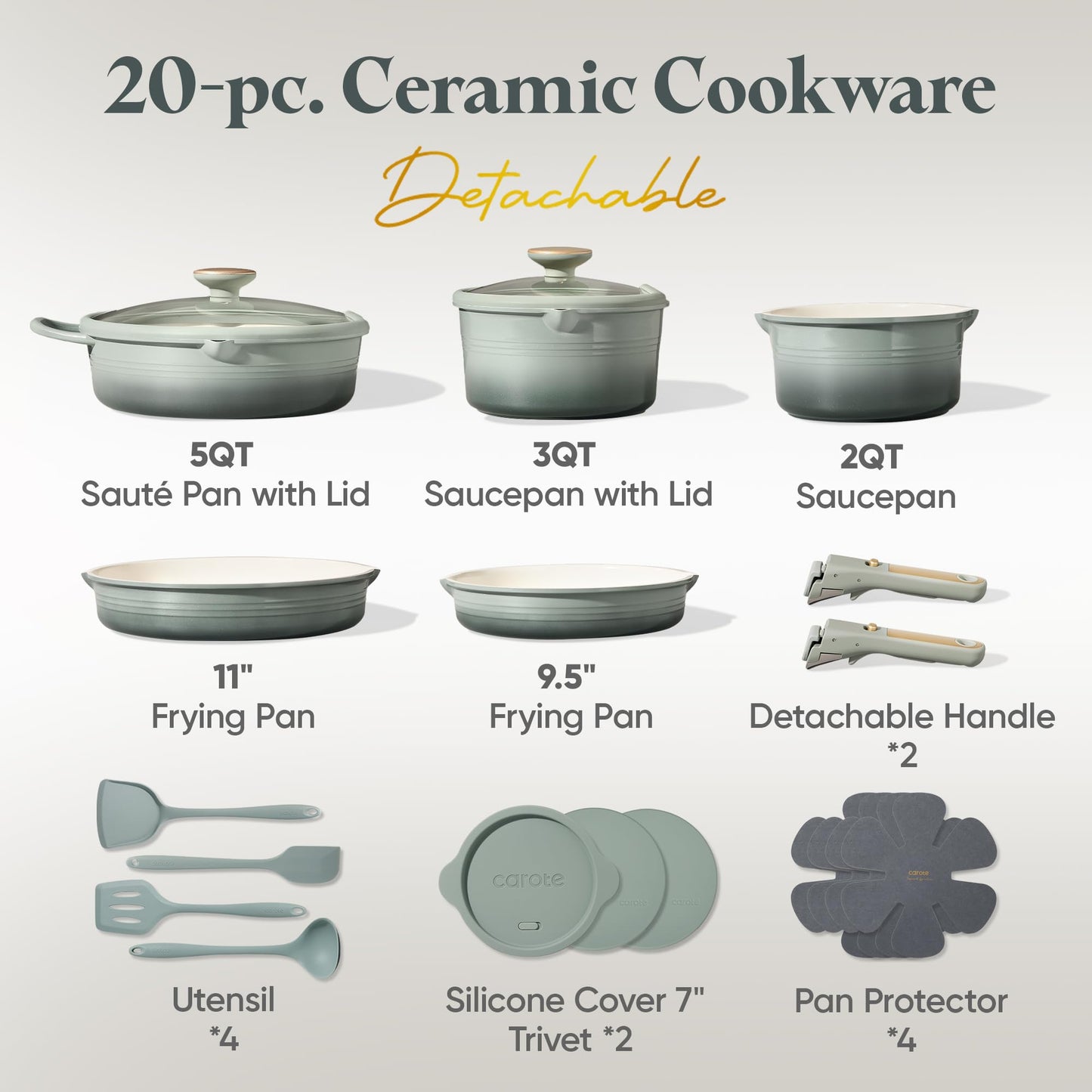 CAROTE 20Pcs Titanium Cookware Set, Pots and Pans Set Non Stick, Kitchen Cooking Set with Detachable Handle, Non Toxic Induction Cookware, Dishwasher/Oven Safe