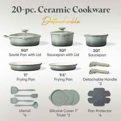 CAROTE 20Pcs Titanium Cookware Set, Pots and Pans Set Non Stick, Kitchen Cooking Set with Detachable Handle, Non Toxic Induction Cookware, Dishwasher/Oven Safe