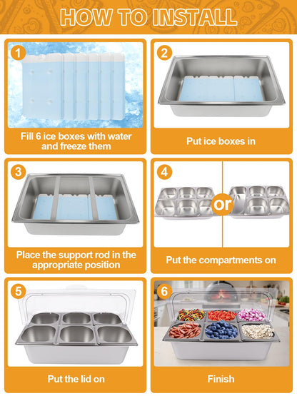 Kalolary Pizza Topping Storage Station, 7 Grids Stainless Steel Condiment Containers with Flip Lids Spoons Ice Box Food Tongs Ice Food Serving Display Container Salad Bar Buffet Station for Party
