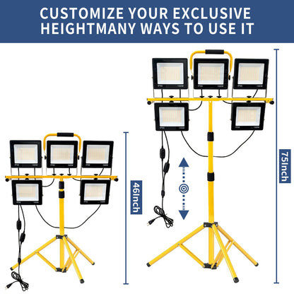 50000LM LED Work Light with Stand, 5-Head Tripod Work Light, IP66 Waterproof Adjustable Telescoping Stand, 3 Modes Portable Light for Construction Site, Garage, Workshop, Job Site, Emergency Lighting