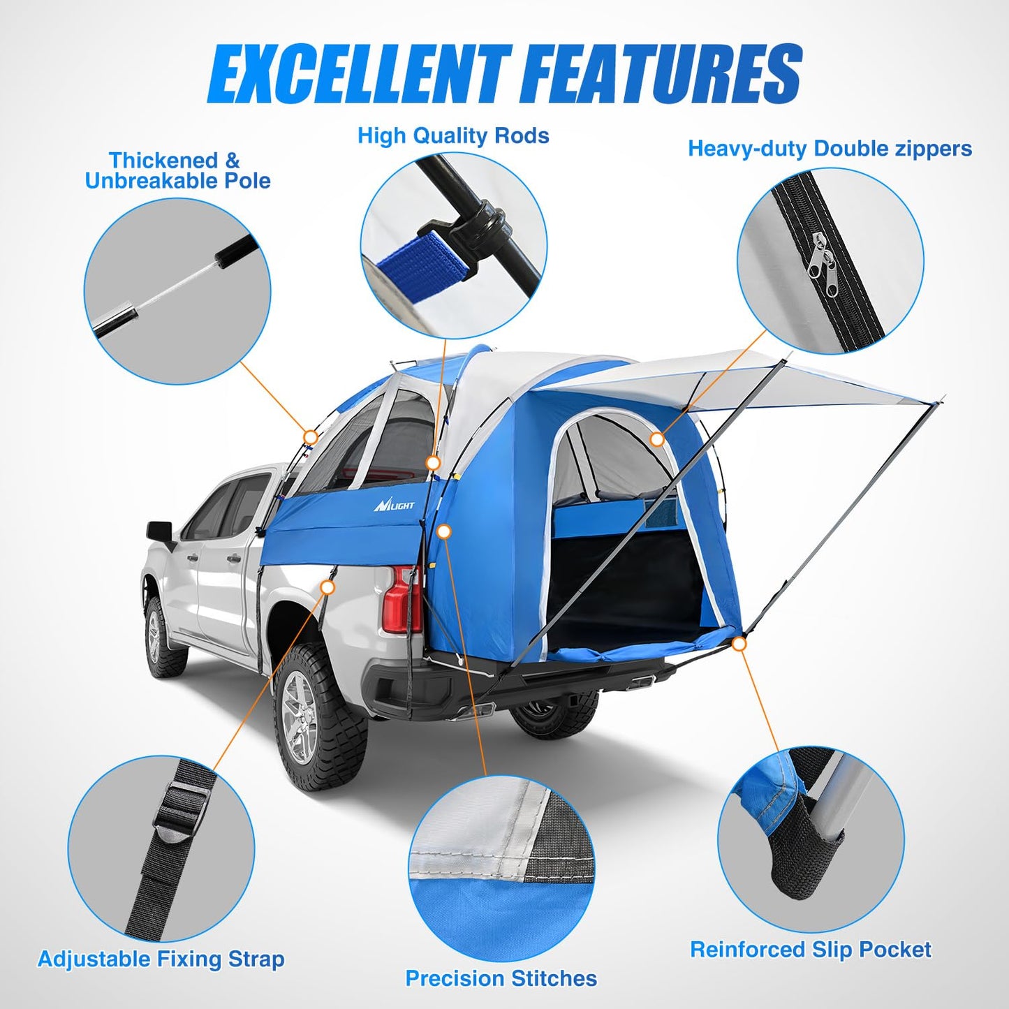 Nilight Truck Bed Tent 5.0-5.5FT Pickup Truck Tents with Removable Awning Waterproof PU2000mm Double Layer Rainfly Storage Bag 2-Person Sleeping Tailgate Bed Tents for Camping Travel Outdoor,Blue Grey