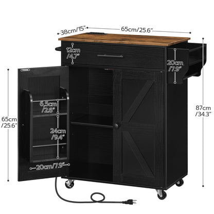 HOOBRO Kitchen Island with Power Outlet, Rolling Kitchen Island with Large Worktop, Kitchen Island Cart with Spice Rack and Drawer, Island Table for Dining Room, Rustic Brown and Black BF88UZD01