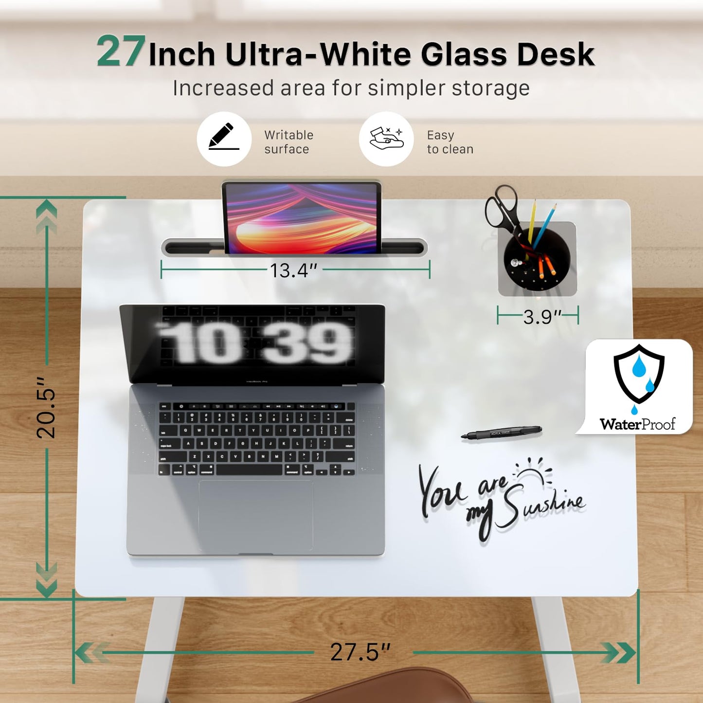 Gibbon Mounts Glass Mobile Standing Desk, Height Adjustable Rolling Laptop Table, 27 inches Portable Sit Stand Desk with Wheels and Hook, Pneumatic Computer Workstation, White