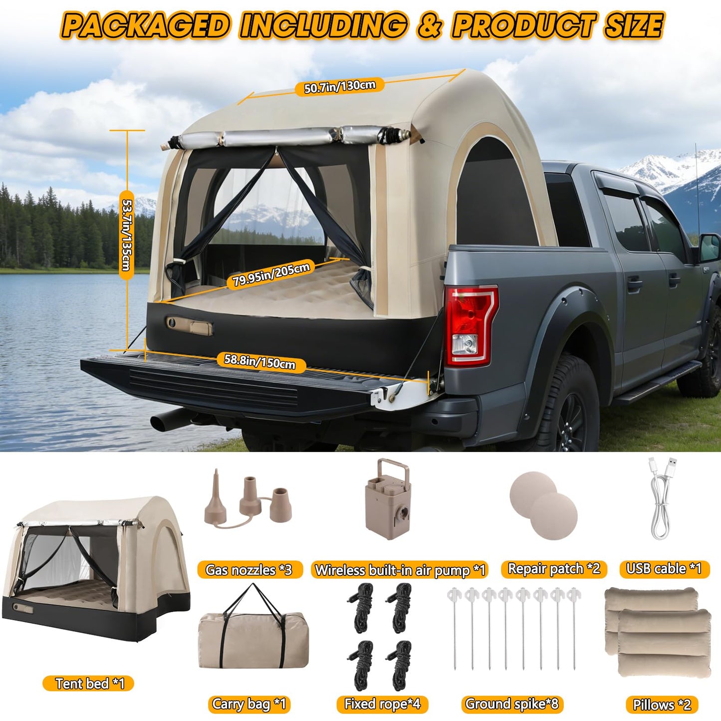 TIPHOPE All-in-One Inflatable Truck Bed Tent with Mattress for 5.5-6.5FT,Built in Wireless Rechargeable Air Pump,3 Mins Fast Setup,Waterproof PU 2000MM Pickup Truck Tent for Camping Road Trip