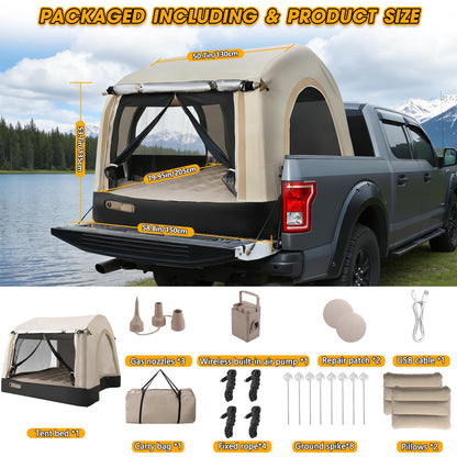 TIPHOPE All-in-One Inflatable Truck Bed Tent with Mattress for 5.5-6.5FT,Built in Wireless Rechargeable Air Pump,3 Mins Fast Setup,Waterproof PU 2000MM Pickup Truck Tent for Camping Road Trip