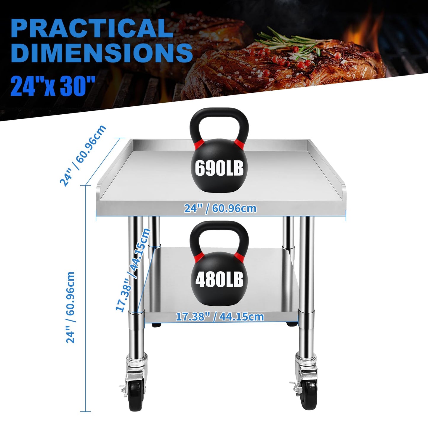 Hutioai Stainless Steel Worktable with Under Shelf & 360° Lockable Casters - Practical for Commercial Kitchens & Workshops (24 * 24 * 26in)