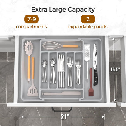 Ukeetap Extra Large Expandable Silverware Organizer - BPA-Free Cutlery Holder | Adjustable Gray Design