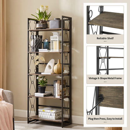VECELO Folding Bookshelf, 5 Shelf Folding Bookcase No Assembly, Industrial Metal Freestanding Shelves Rack Organizer for Living Room, Office, Bedroom, Kitchen