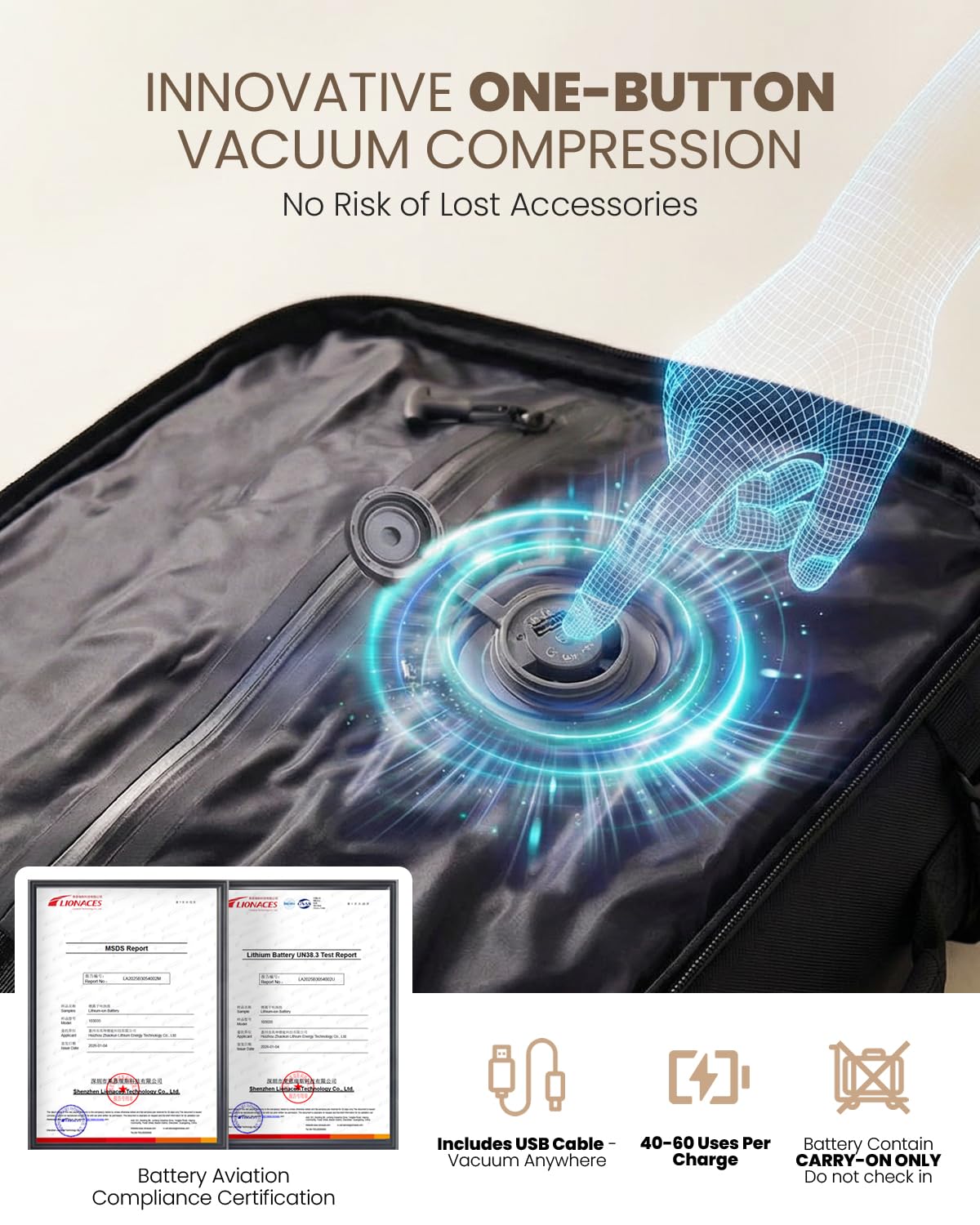 Fanwoli Rolling Vacuum Backpack Travel with One-Button Compression, 55L Expandable, Water Resistant Carry-On Suitcase Luggage, Ideal for Outdoor/Family/Trips