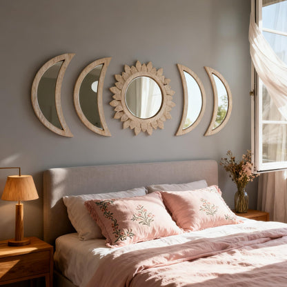 Cpcdaosk 5 Pieces Moon Phase Mirror Wall-Mounted Wall Decor Mirrors Natural Wooden Sunburst Bohemian Wall Art for Home Living Room Bedroom Decoration