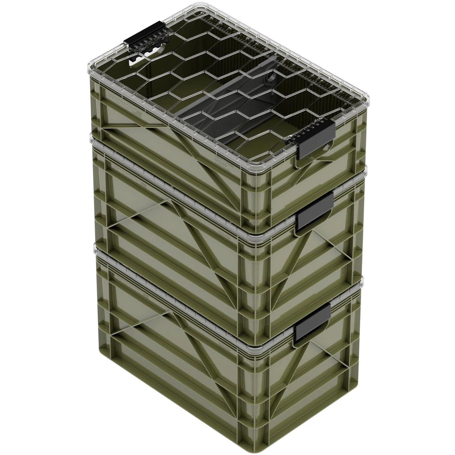 SIDIO CRATE Starter Pack - Two Full Size and One Half Size SidioCrate, Stackable Outdoor Organizer Storage Bins with Clear Lid and Dividers - Green