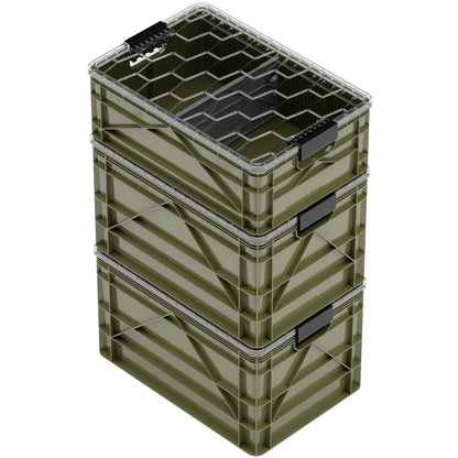 SIDIO CRATE Starter Pack - Two Full Size and One Half Size SidioCrate, Stackable Outdoor Organizer Storage Bins with Clear Lid and Dividers - Green