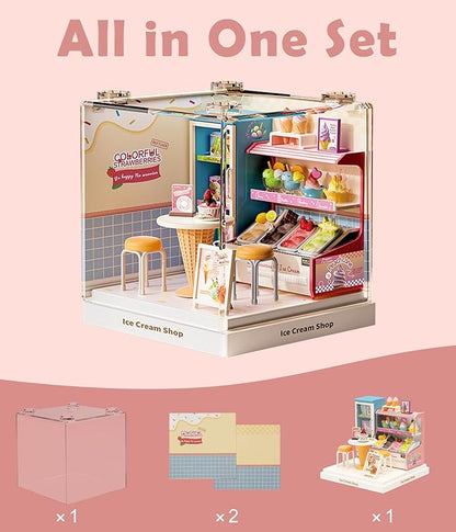 Miniature Ice Cream Shop Model Kit Small-Scale DIY Building Set with Tiny Furniture Highly Detailed Collectible for Adults &amp Craft Lovers Super Mini Series
