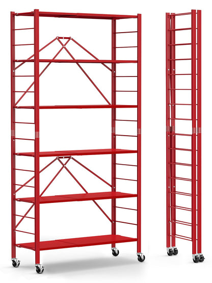 Himix 6 Tier Foldable Storage Shelves, Expandable Folding Bookshelf with Wheels, Changeable into 2 Shelf Units, Collapsible Adjustable Storage Rack Metal Shelves for Garage Kitchen, Basement, Red