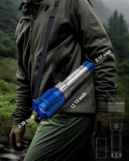SKYFIRE 6000 Lumens Rechargeable Flashlight with Fire Starter,96 Hours Runtime, IPX6 Waterproof, Zoomable Tactical Flashlight Spotlight for Camping, Emergency, Outdoor Survival