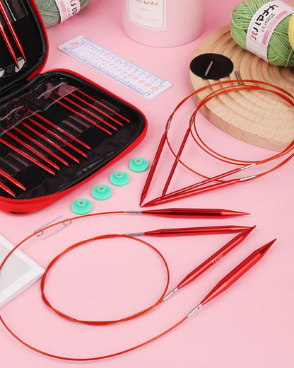Interchangeable Knitting Needle Set with Circular Cable for Crafters, 13 Circular Knitting Needles with 4 Cable, 3-10 mm Aluminum Knitting Needles for Beginner, DIY Crafts, Red Needle Set