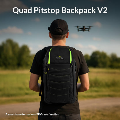 TORVOL - Quad PITSTOP Backpack V2, Compact FPV Drone Backpack for 2 Drones, Fits DJI Mini 3, Mini 4 Pro, DJI Neo, with Laptop Compartment, Waterproof Rain Cover, Black & Green, 25L