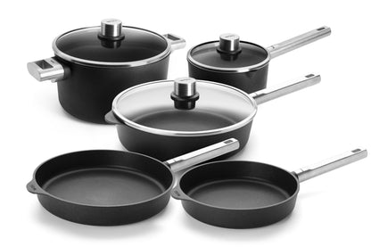 Woll ECO LOGIC PRO 8-Pc Cookware Set: 9.5" & 11" fry pans, 11" sauté pan, 7" saucepan, 9.5" stockpot + 3" lids. Made in Germany, Cast aluminum, Stainless Steel Handles, PFAS-free Diamond QXR nonstick.