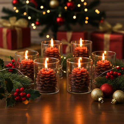 Riakrum 6 Sets Pine Cone Candles Flammable Acorn Decor with Straight Glass Container Real Wax Unscented Candle for Winter Holiday Decoration
