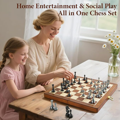 Metal Chess Set for Adults and Kids - 12 Inch Wooden Folding Chess Board and Metal Pieces Travel Portable Chess Set - Extra Queens &amp 2.5 King Ideal Gift for Chess Enthusiasts &amp Beginner