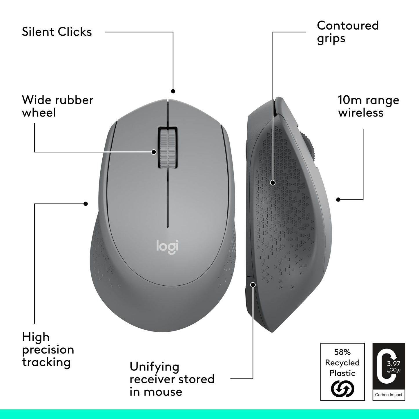 Logitech M330 SILENT Wireless Mouse, 2.4GHz with USB Receiver, Optical Tracking, Quiet & Lightweight, Long Battery Life, for PC, Mac, Laptop, Chromebook - Black