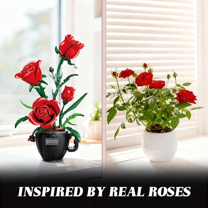 Red Roses Flowers Building Block Set with Coffee Cup Vase for Adults Compatible with Lego Flower 450PCS Rose Botanical Collection Kit for Valentine's Day Home Decor Gift for Girlfriend/Wife/Mom