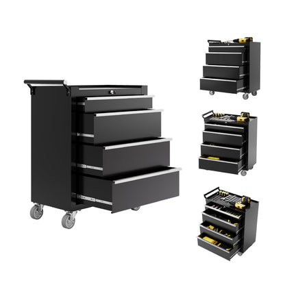 SierraSquad Rolling Tool Chest, 4-Drawer Tool Storage Cabinet, Tool Box with Wheels, Lock System and Drawer Liners, Tool Cart for Warehouse, Workshop and Repair Shop, Black