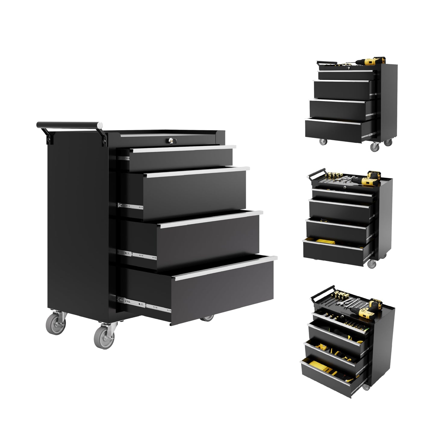 Rolling Tool Box with Wheels – 4 Drawer Heavy Duty Tool Chest Cabinet, Lockable Portable Storage Organizer with Drawer Liners, Mobile Mechanic Toolbox for Garage, Workshop, Shop, Easy Assembly, Black