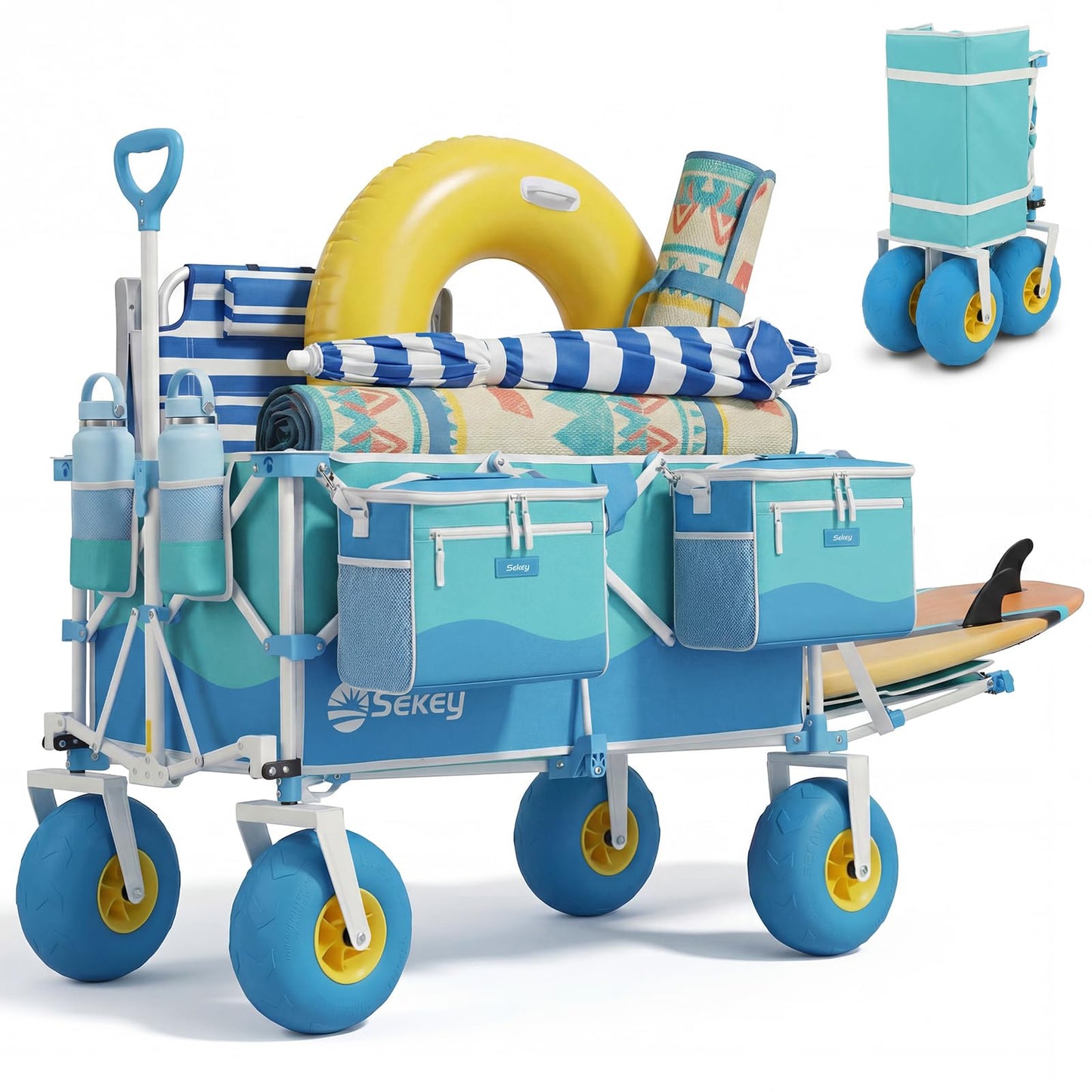 Sekey Heavy Duty Beach Wagon with 9" Big Sand-Proof Wheels, 300L Oversized Foldable Beach Cart with Cooler| Adjustable Handle & Balloon Tires for Sand, Camping,Vacation