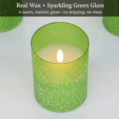 COVEGE Green Flameless Candles with Remote, Glass Flickering Battery Operated LED Pillar Candles with Timer, Real Wax, Set of 3 x4/5"/6"