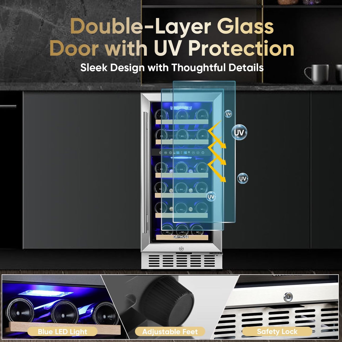 15 Inch Wine Cooler Under Counter, 30 Bottle Dual Zone Wine Fridge with Stainless Steel Glass Door, Built-In or Freestanding Wine Cellar with Digital Temperature Control for Home, Kitchen, or Office