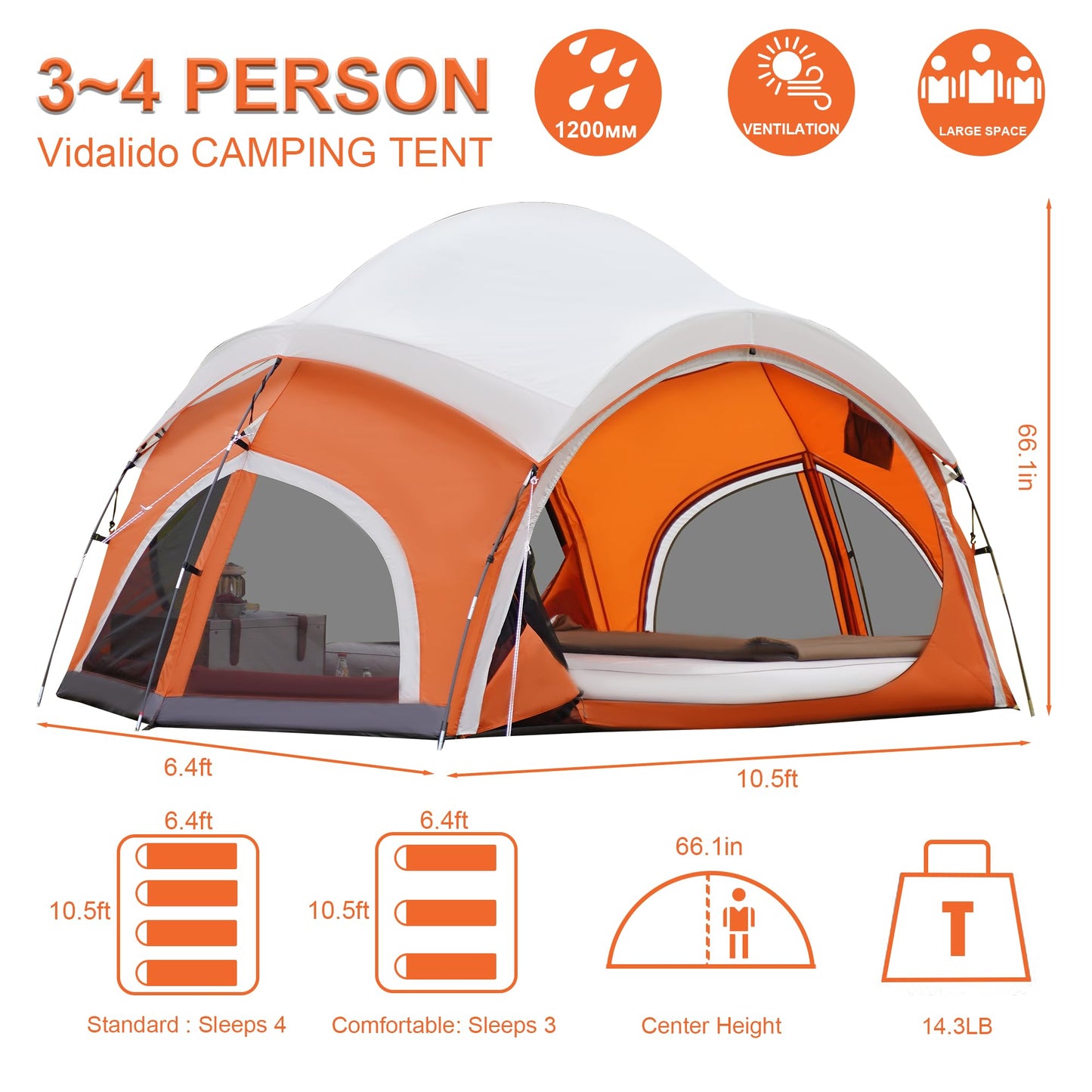 Vidalido 3-4 Person Camping Tent with 2 Large Mesh Door 4 Mesh Window Family Tents, Double Layer Waterproof Portable Easy Setup Camp Tent, Canvas Dome Tents for Camping Outdoor Hiking and Backpacking