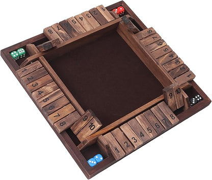 GSE Games &amp Sports Expert 1-4 Player Wooden Shut The Box Dice Board Game with 8 Dice. 4-Way 10 Numbered Shut The Box Set of Popular English Pub Board Game - Walnut
