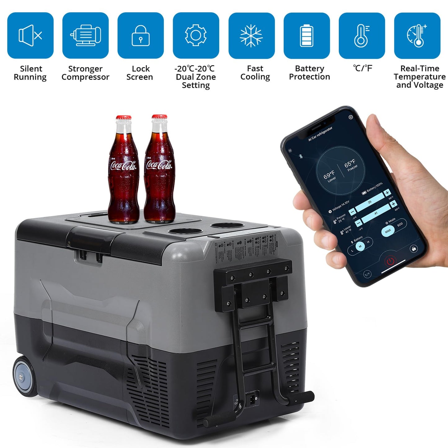 KIMORE Car Refrigerator 12/24Volt DC, Portable Freezer, RV Car Fridge APP Control, 37 Quart -4℉-68℉ Portable Refrigerator for Camping, Outdoor, Travel, Fishing or Home Use