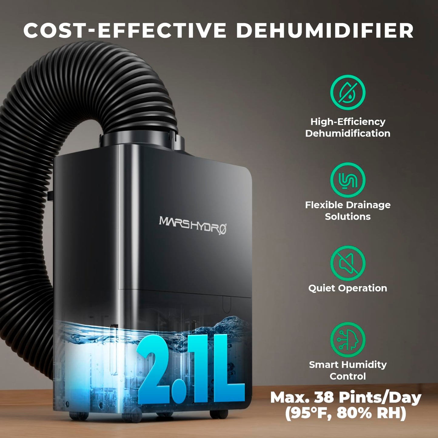 MARS HYDRO 18L/Day (38 Pints) Compressor Dehumidifier, with Digital Humidity Control Display, Air Duct, Drain Hose & Washable Filter, Powerful Dehumidification for Grow Tent and Home