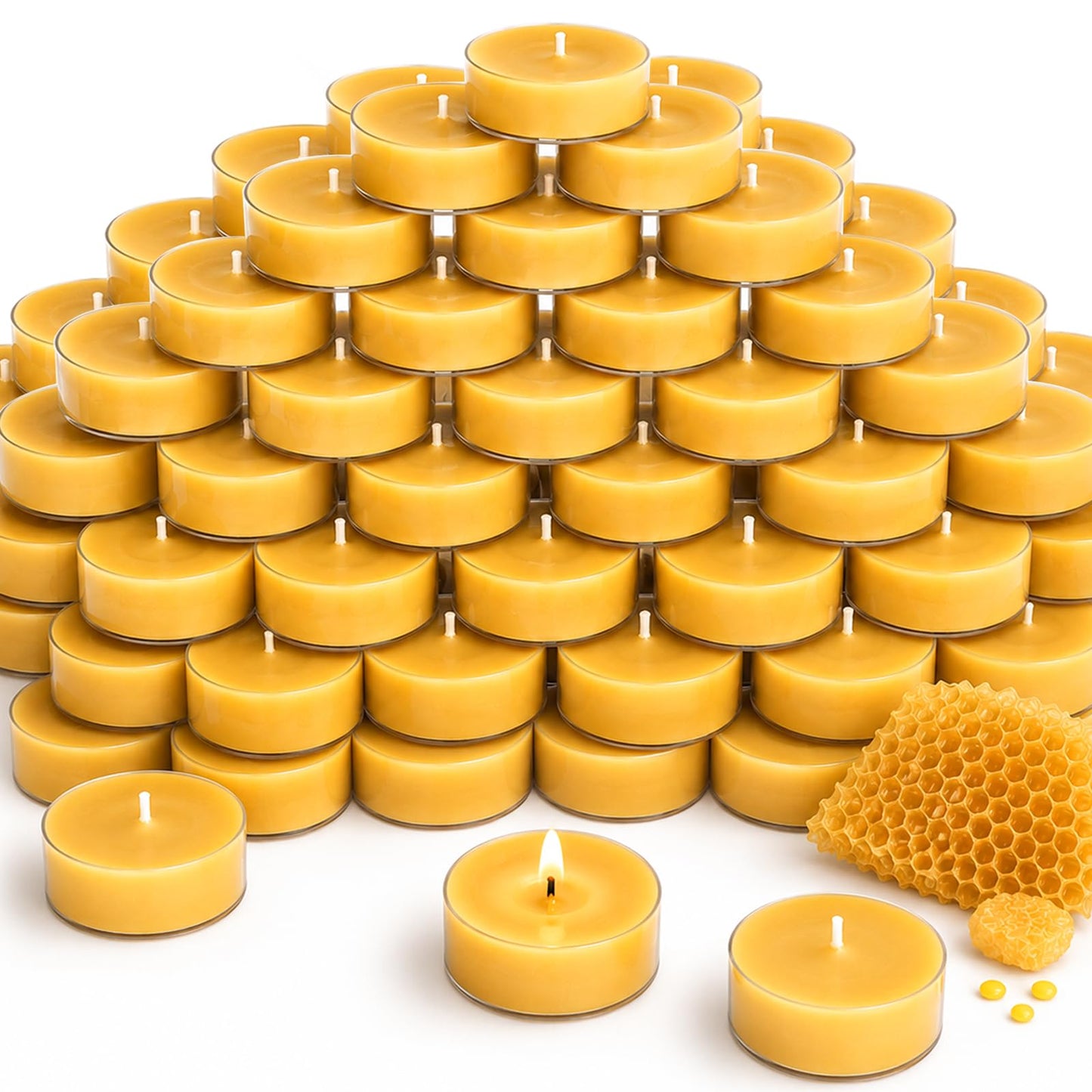 Uniteland Beeswax Tealight Candles, 60 Pack Pure Natural Beeswax Meditation Candles for Home, Organic Unscented Tea Lights for Essential Oil Burners, Party,Smokeless,Non Toxic,Yellow,2-Hour