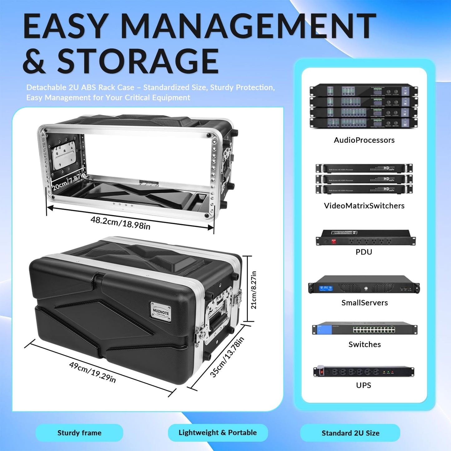 MUZNOTE 4U ABS Rack Case Shallow 8" Depth, 19" Rackmount Flight Road Travel Case,WaterproofProtective Hard Case with Customized Foam, Wireless MicSystem Storage, Amps, Mixers, Microphone Receivers